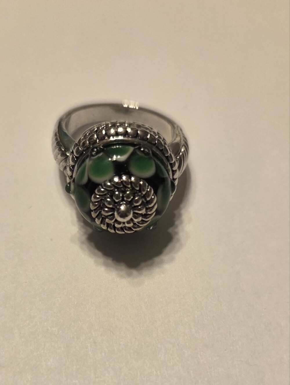 Green Lampworded Glass Ring Size 7